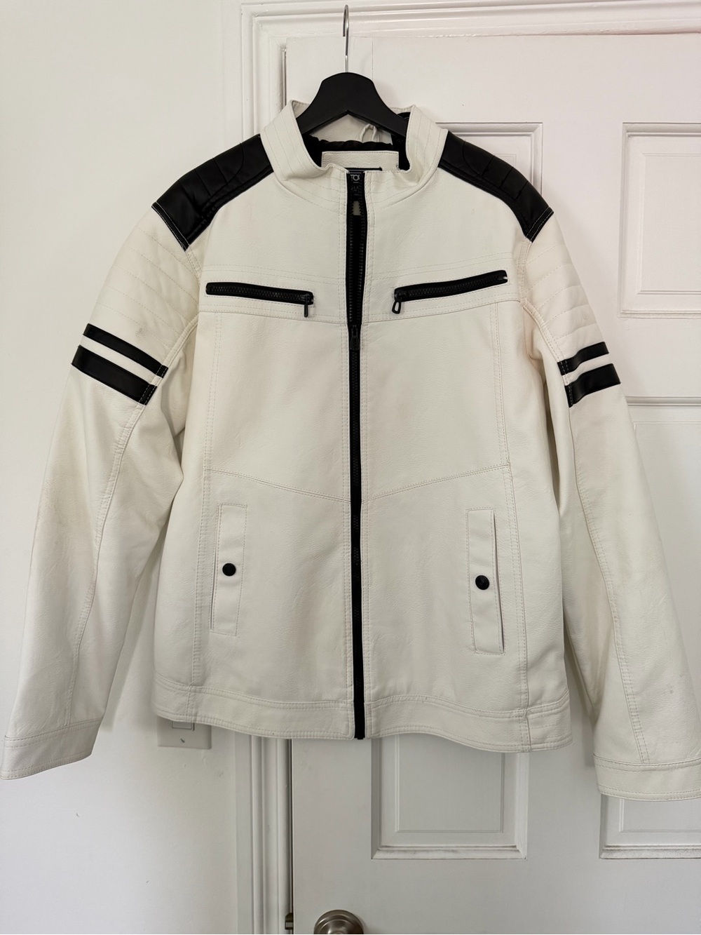 Distortion Mens Faux Leather Moto Jacket White Black Quilted Zip Size XL